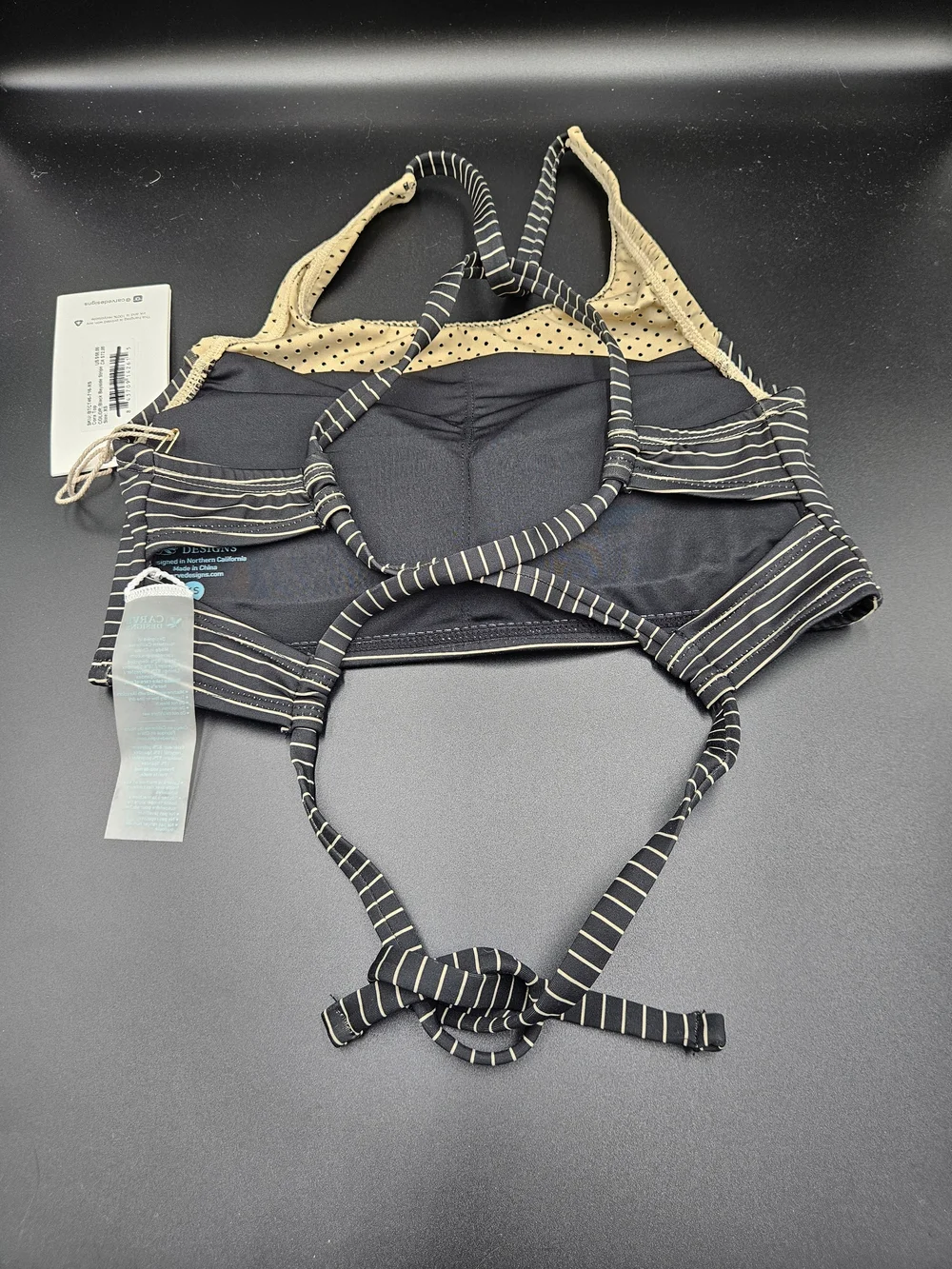 Carve Designs Cora Bikini Top XS Black Bayside Stripe Strappy Back NWT
